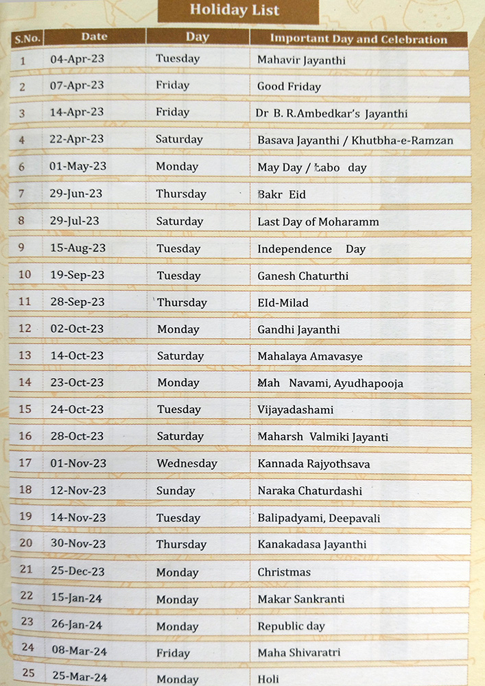 KLE Ankali School Holiday List